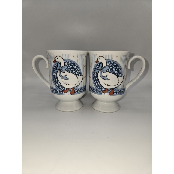 Vintage Ceramic Country Goose Pedestal Mugs Set of 4 Blue Ribbon 1980s‎ Style